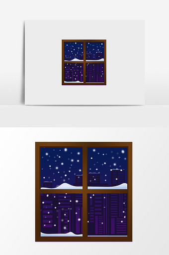 手绘窗外雪城插画元素图片