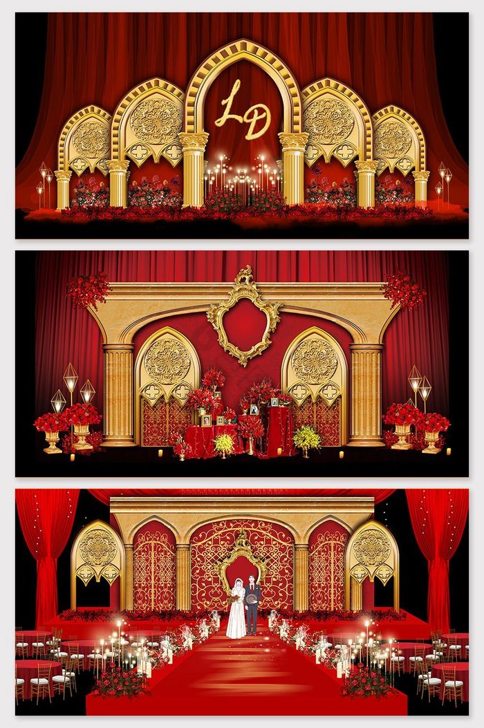巴洛克红金色欧式婚礼舞台背景图片