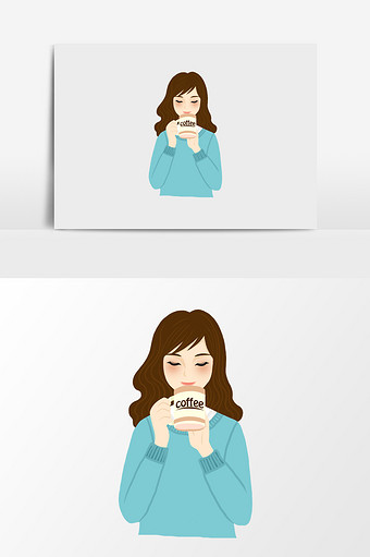 手绘喝茶的女士插画元素图片