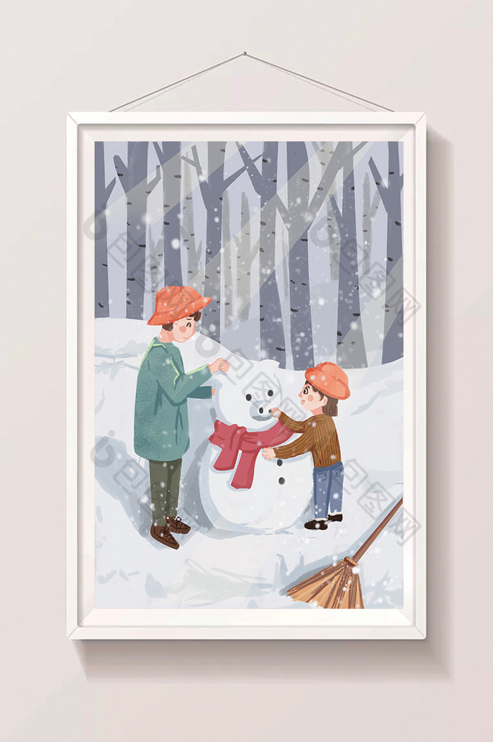 冬至森林户外雪景推雪人卡通扁平插画