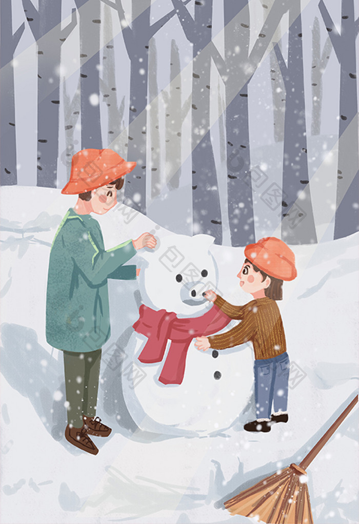 冬至森林户外雪景推雪人卡通扁平插画