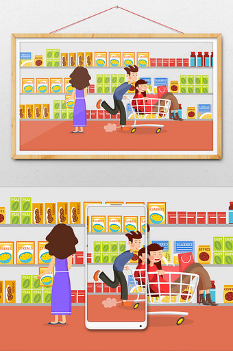 卡通清新情侣购物超市置办年货插画图片