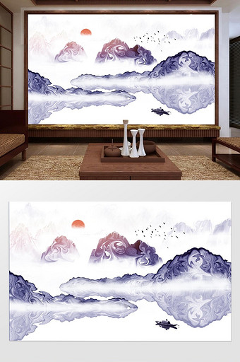 新中式唯美推晕飞鸟小舟抽象山水背景墙图片