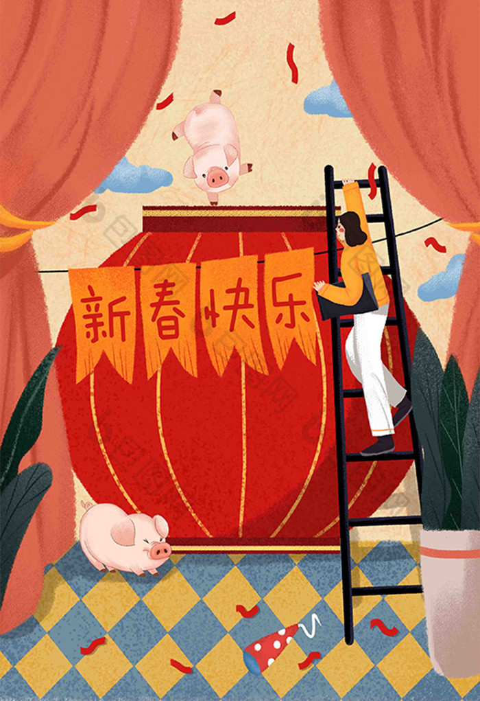 猪年春节新春快乐插画