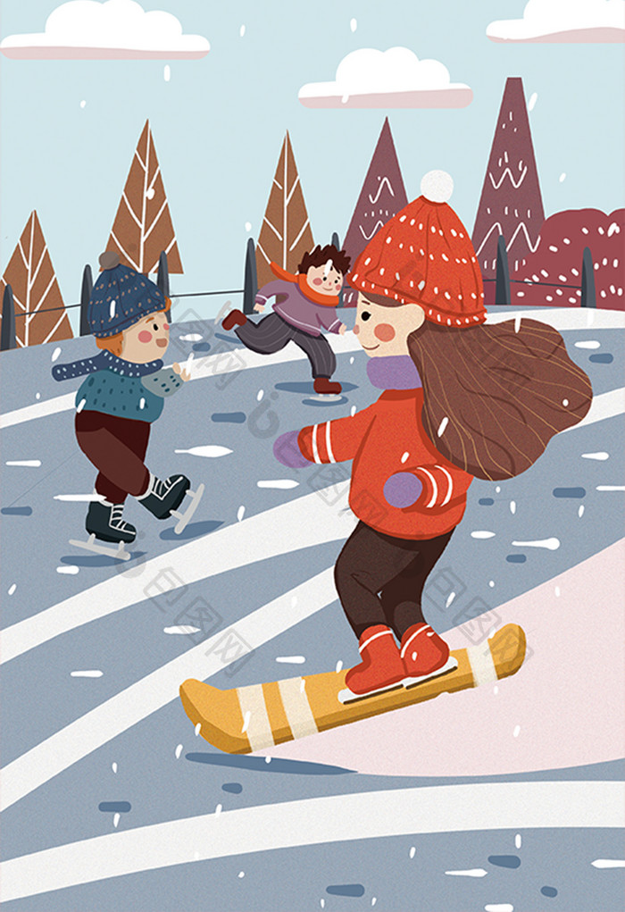 清新扁平冬日滑雪场滑雪插画