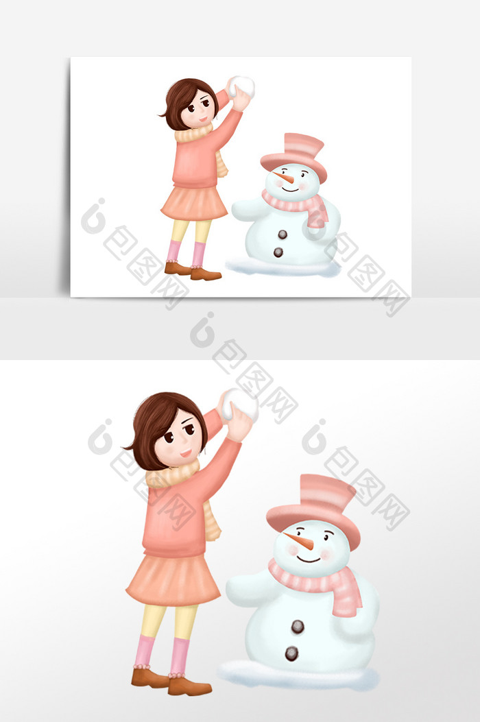 粉色装饰女孩和雪人插画