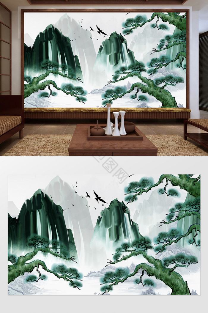 新中式绿色山水松树装饰电视背景墙图片