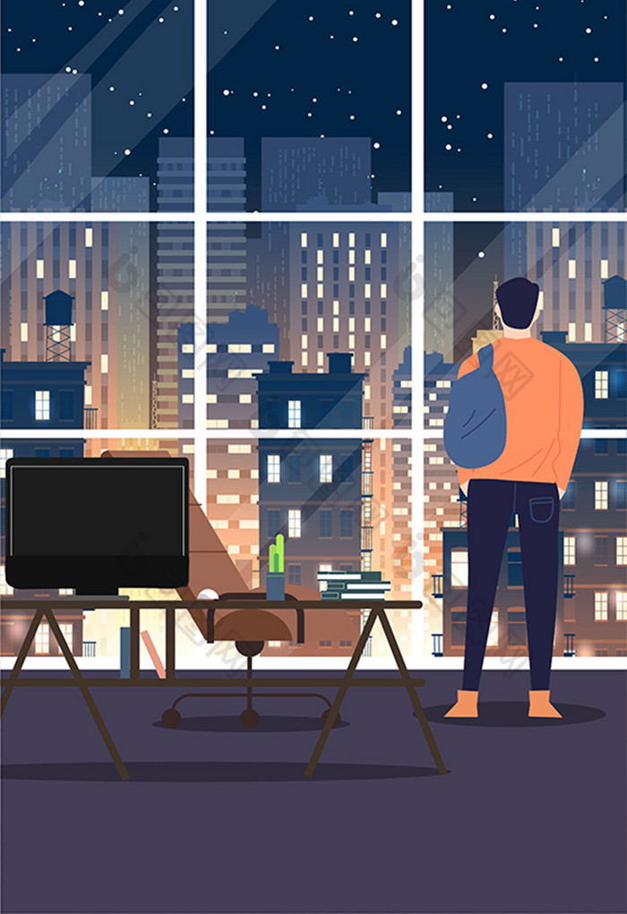下班男士写字楼办公都市夜生活插画图片