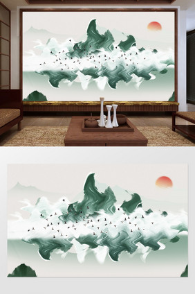 新中式创意绿色波纹山峦飞鸟定制背景墙