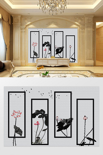 新中式意境水墨画荷花荷叶鸟蜻蜓油画背景墙图片