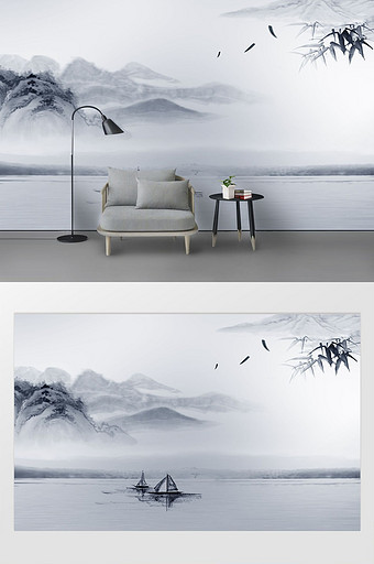 新中式蓝色山河抽象山水背景墙图片
