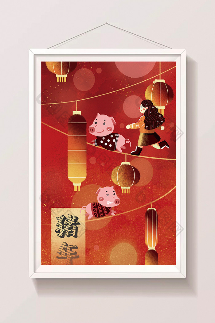 红色喜庆猪年春节灯笼小猪插画