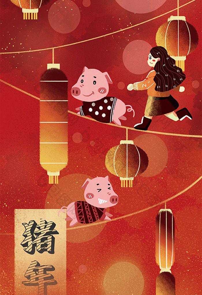 红色喜庆猪年春节灯笼小猪插画