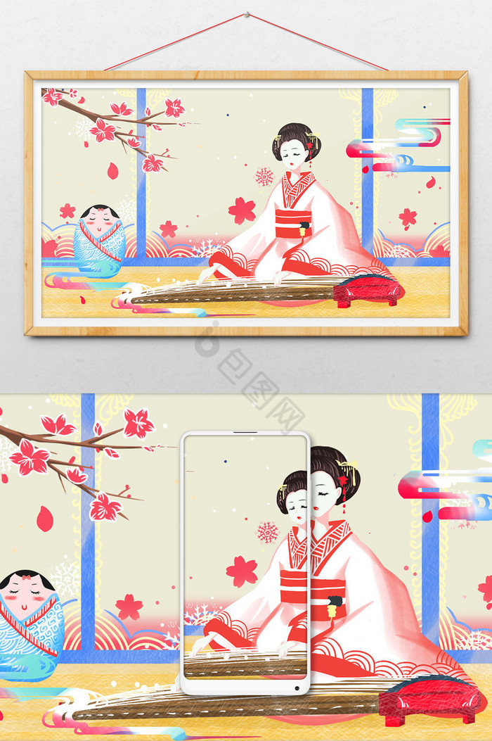 浮世绘华丽日本妇女弹琴插画图片