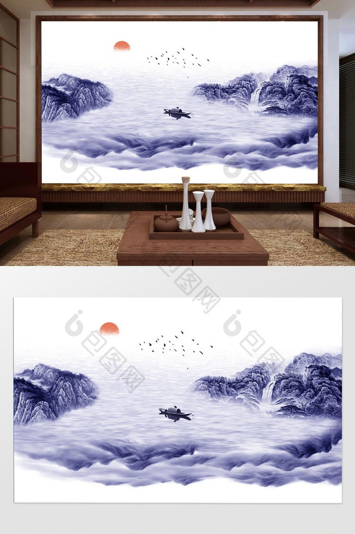 新中式飞鸟湖水小舟抽象山水背景墙
