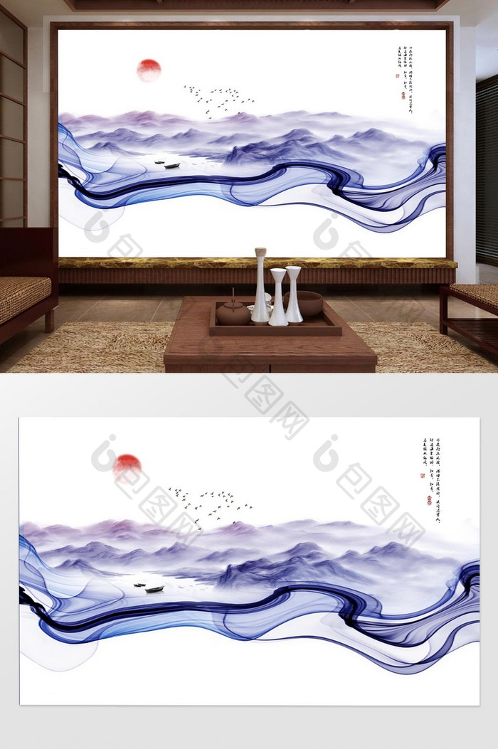 新中式蓝色烟丝飞鸟抽象山水背景墙