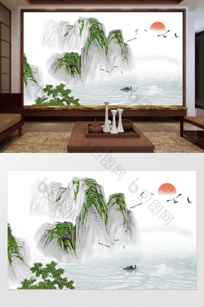 新中式绿色山水海鸥定制电视背景墙
