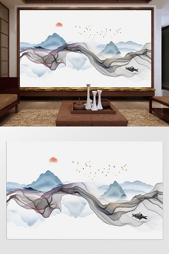 新中式水墨烟丝蓝色抽象山水背景墙图片