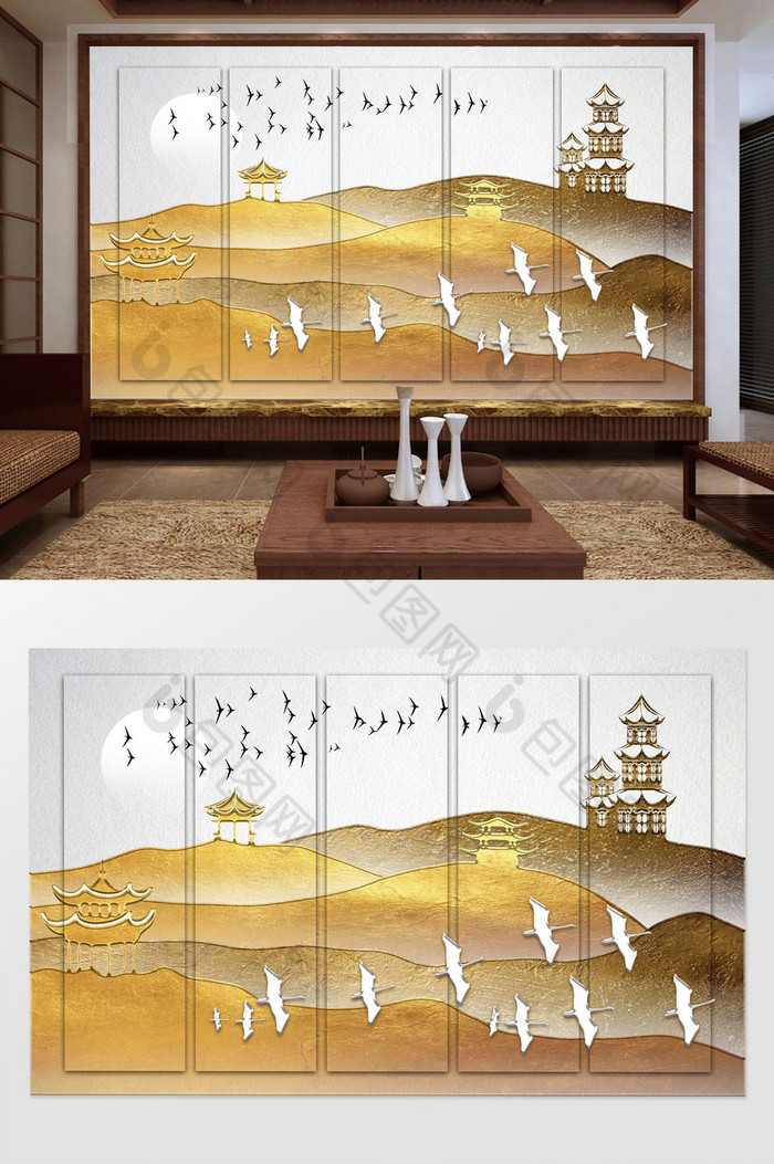 中国风背景墙金色中式装饰画图片