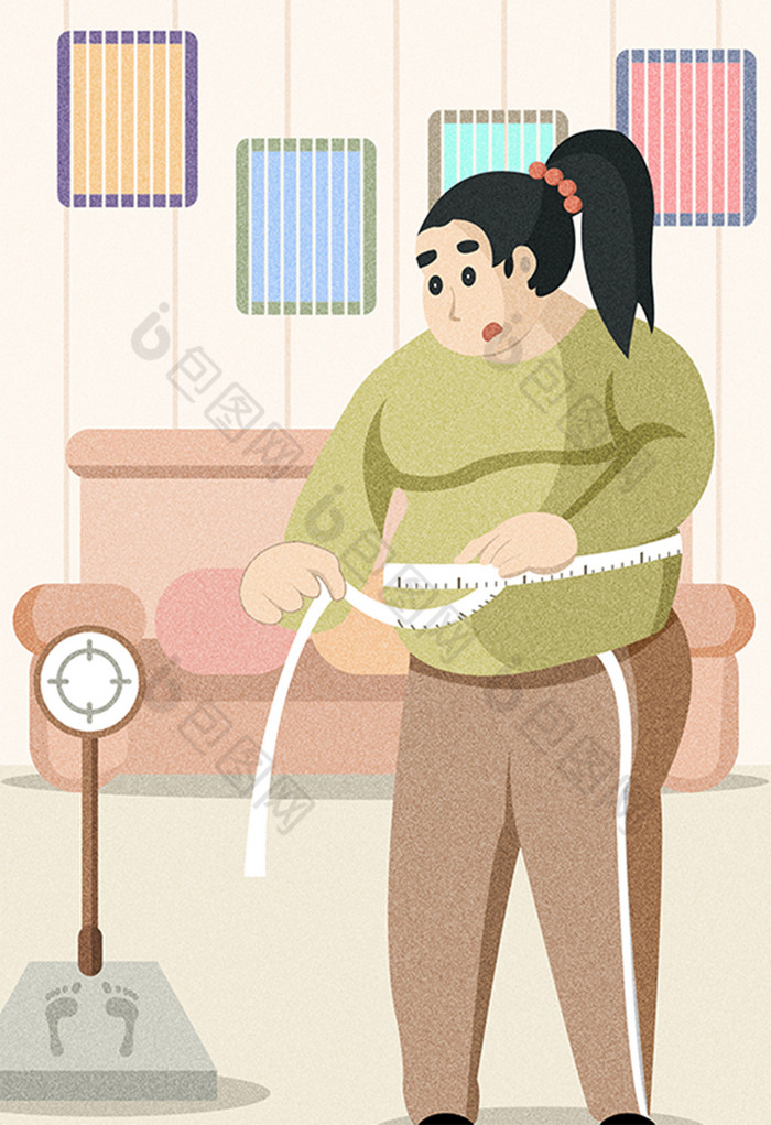 彩色胖女孩量腰围插画