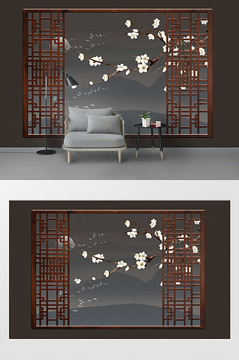中式窗格中国风山水花卉电视背景墙图片