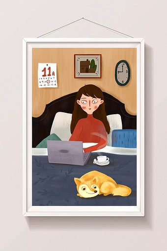 双十一生活方式单身女生床上玩电脑手绘插画图片