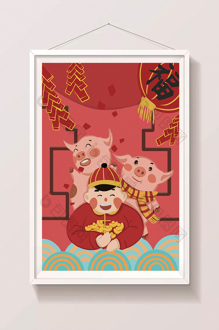 扁平中国风过年春节福猪插画