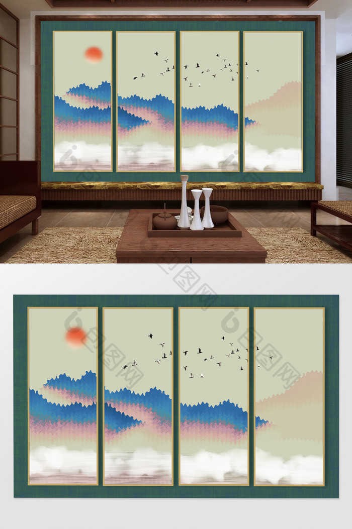 中式彩色水墨山水山峰电视背景墙