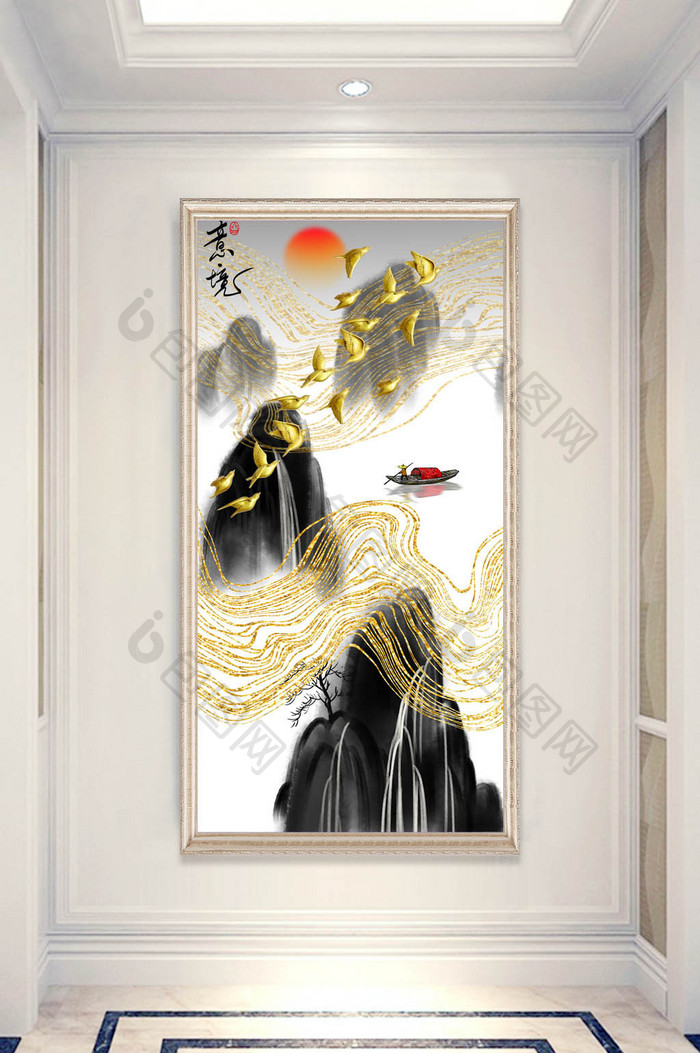 中式抽象线条山水飞鸟玄关背景装饰画