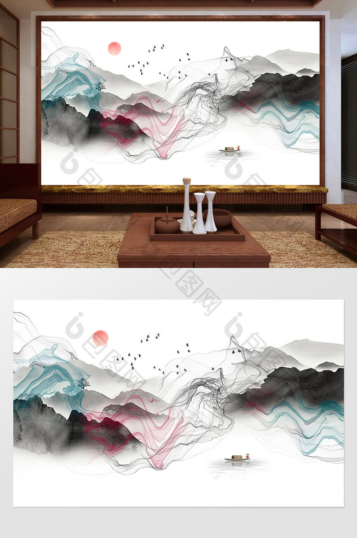 新中式抽象水墨山水风景背景装饰画