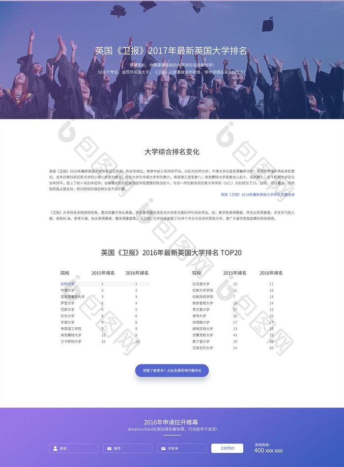 蓝色紫色扁平化英国大学排名UI网页界面