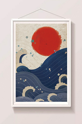 手绘海浪太阳背景元素设计图片
