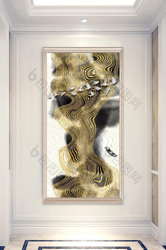 新中式金色抽象线条水墨画玄关装饰画