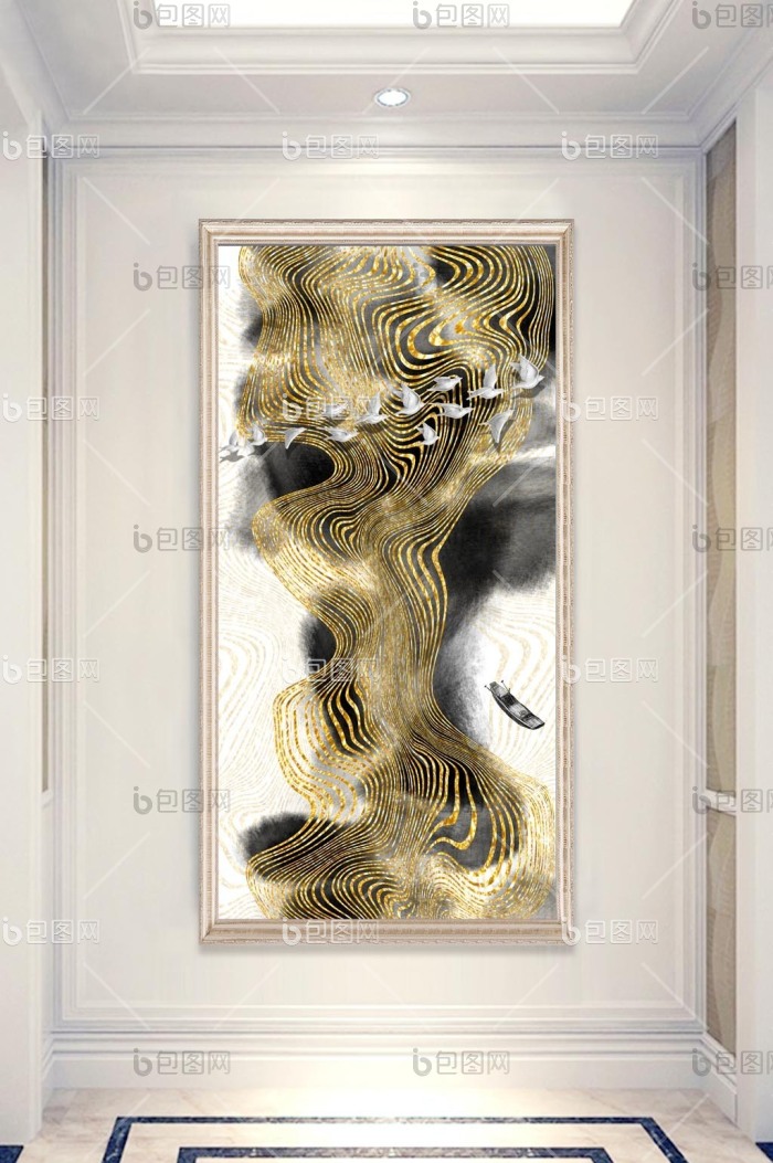 【新中式金色抽象线条水墨画玄关装饰画】图片下载-包图网