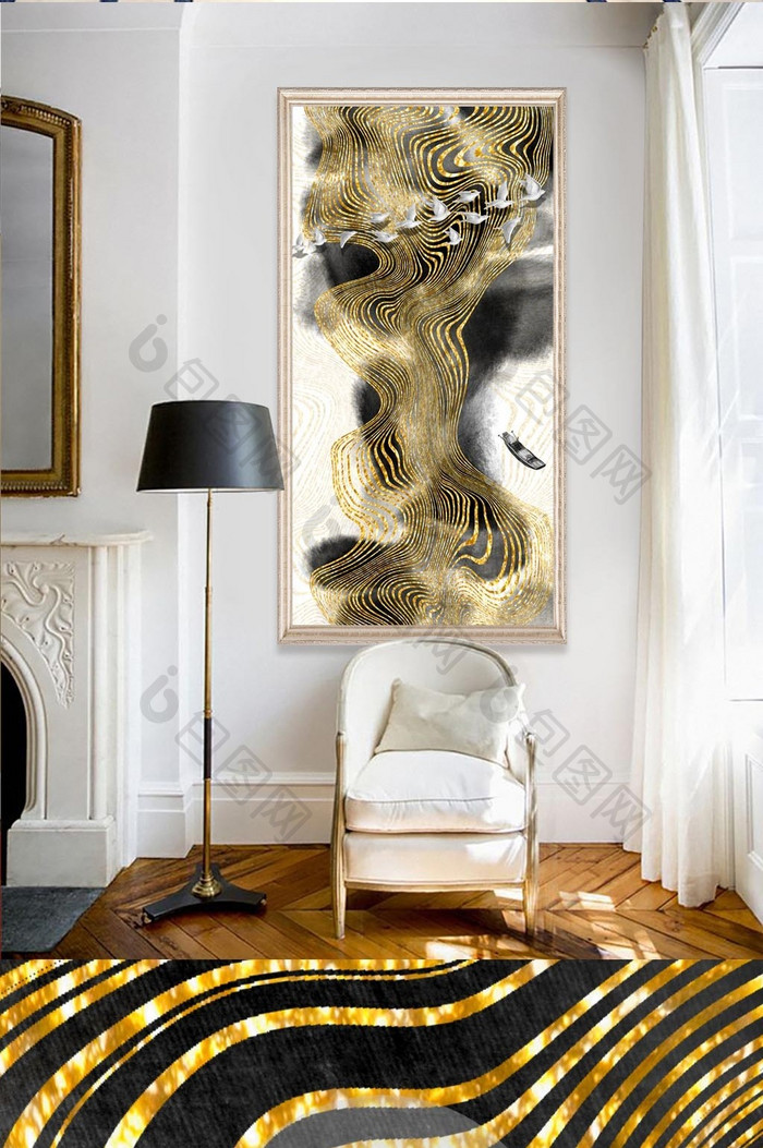 新中式金色抽象线条水墨画玄关装饰画