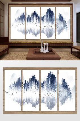 新中式蓝色创意波纹山峦飞鸟定制背景墙