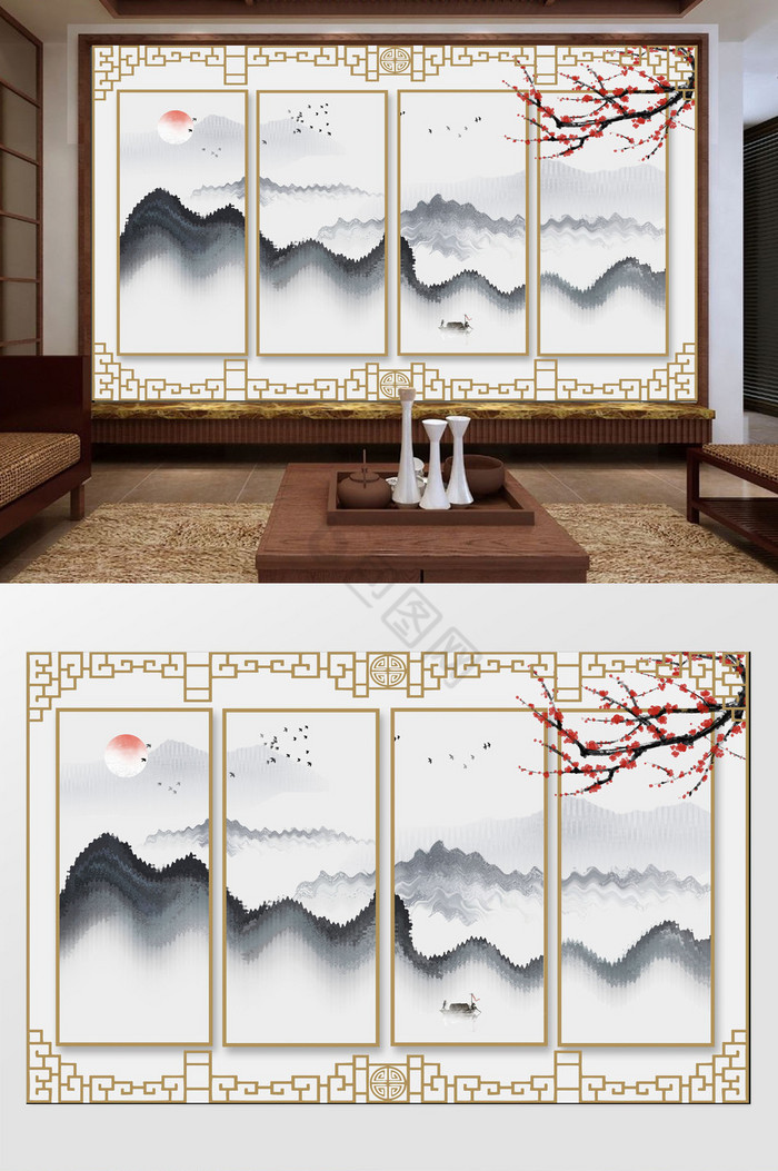 新中式水墨波纹山梅花花枝意境背景墙图片