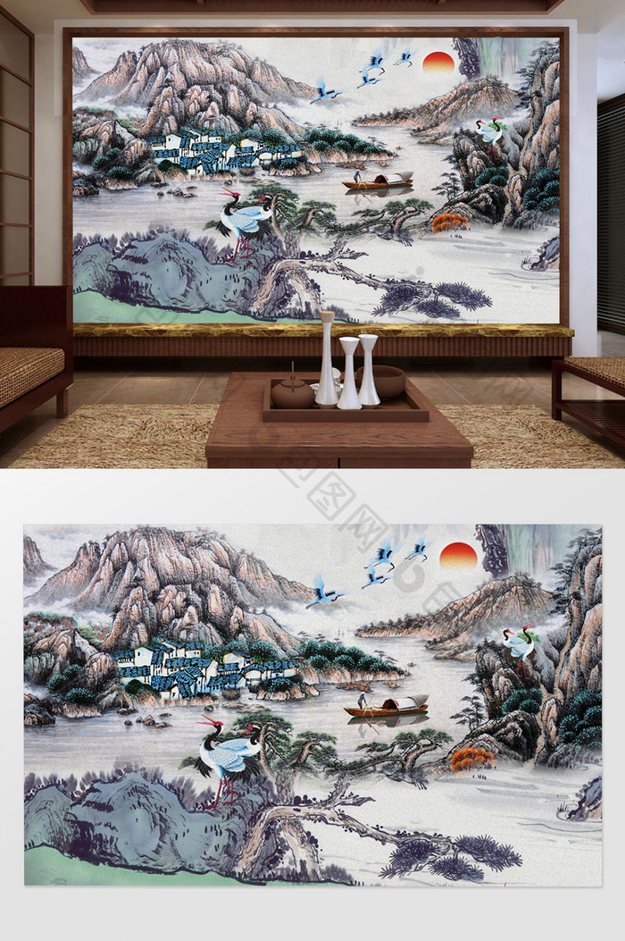 中式唯美山水画白鹤电视背景墙