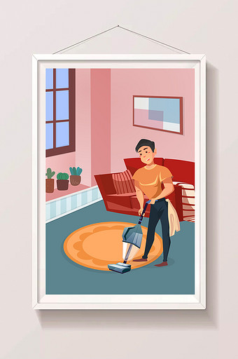 卡通除尘扫房子打扫做家务家庭生活方式插画图片