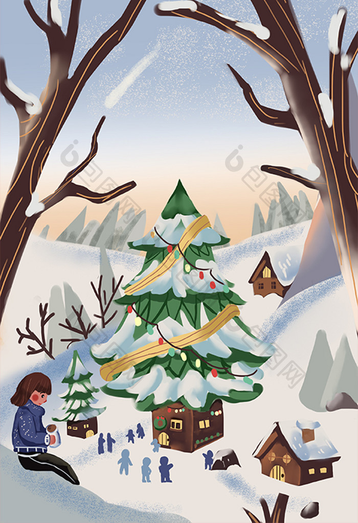 圣诞节冬季卡通唯美手绘插画圣诞树房子男孩