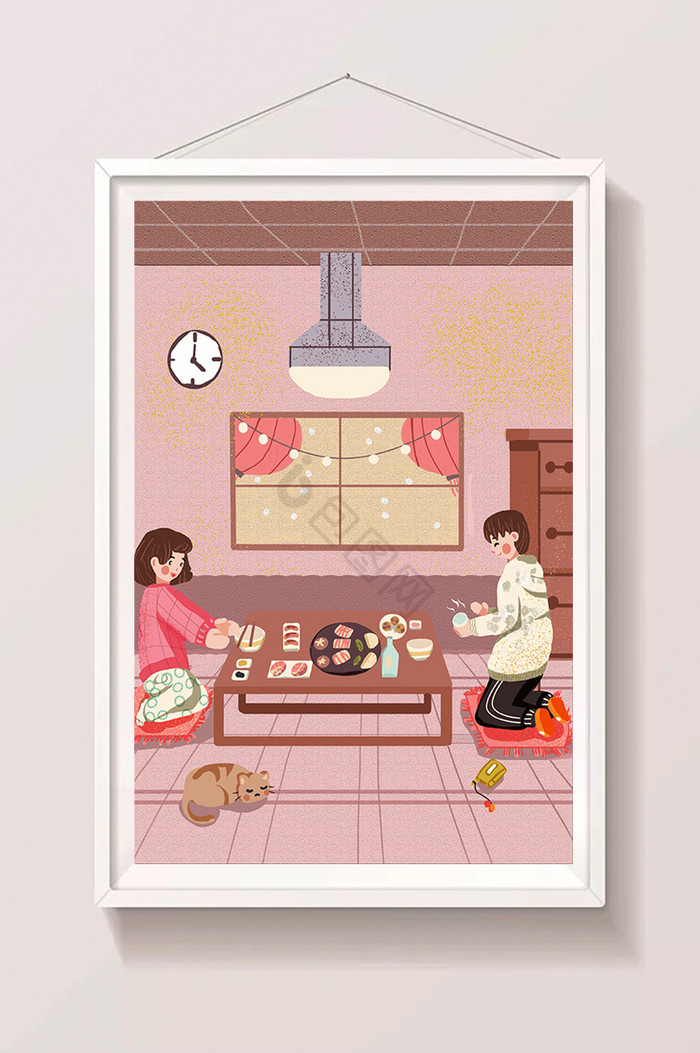 粉红情侣冬季烤肉聚餐插画图片