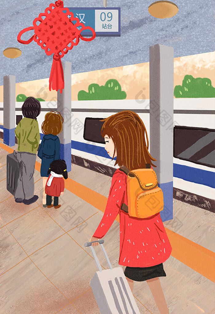 【春节春运火车站行人回家卡通扁平插画】图片下载-包图网