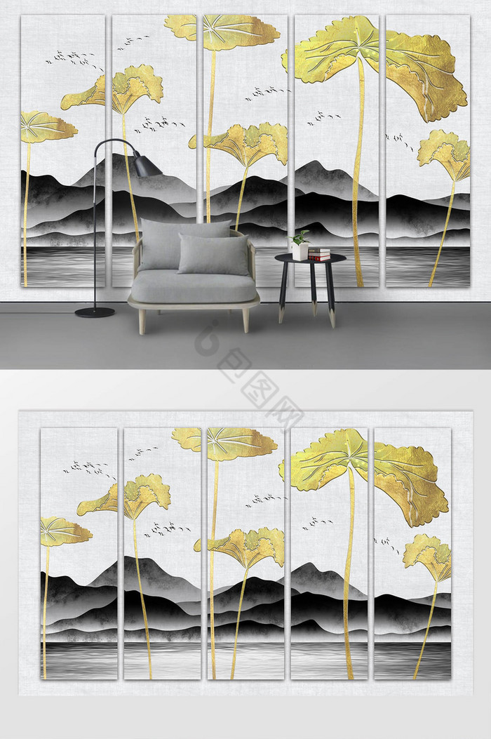 简约水墨山水质感荷叶电视背景墙图片