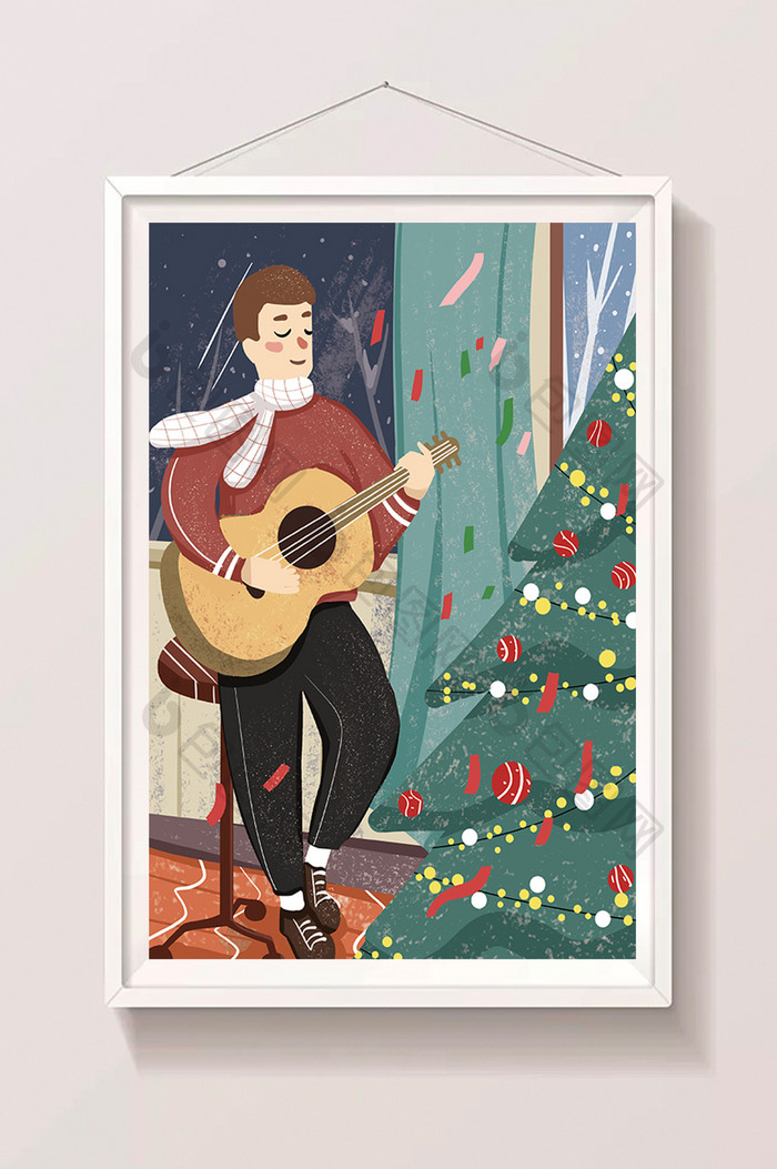 清新圣诞节圣诞树弹吉他插画