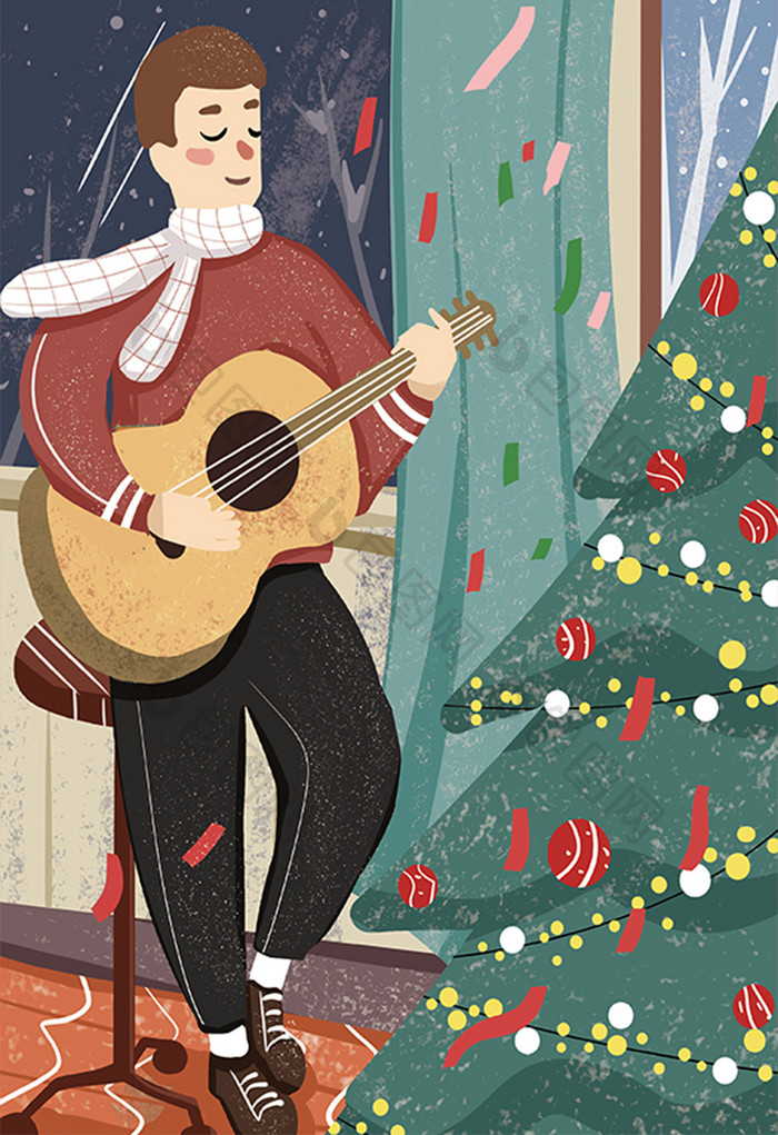 清新圣诞节圣诞树弹吉他插画