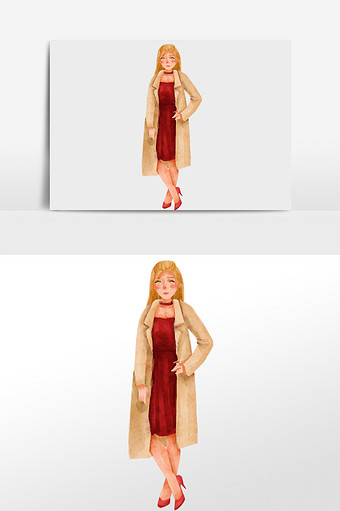 水彩手绘人物站立的红色礼服加外套的金发女图片