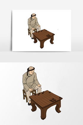 淡彩颜色的清朝下棋人物