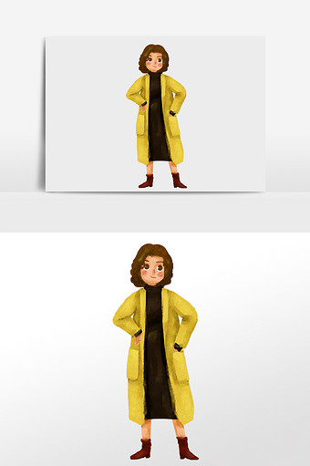 水彩手绘人物黄色大衣站立的短发时尚女孩图片