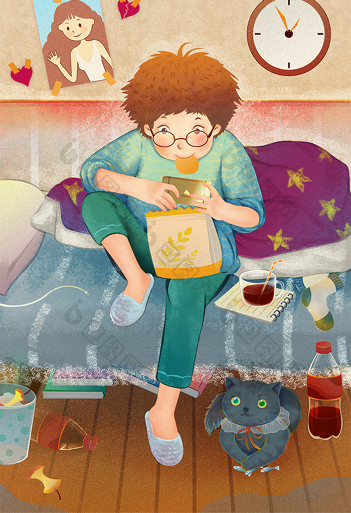 邋遢快乐宅男肥宅生活方式猫咪插画图片