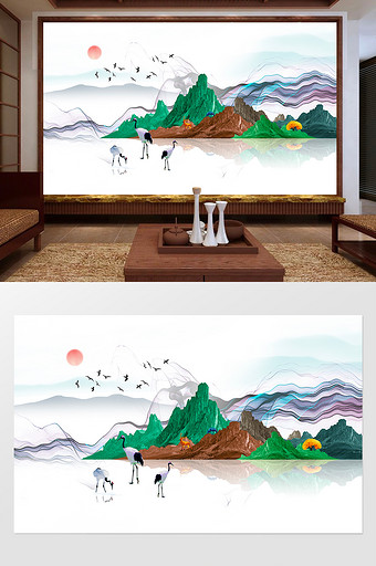 新中式现代彩色山水背景装饰画图片